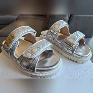 Dior Dioract Silver Laminated Sheepskin Quilted Cannage Motif Slide Sandals